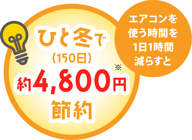 エアコンを使う時間を1日1時間減らすと ひと冬で（150日）約4,800円節約